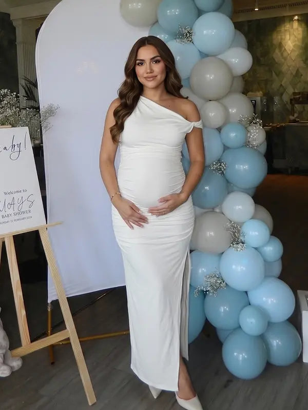 White One-Shoulder Maternity Midi Dress – Milk Silk Bodycon Gown with Side Slit Elegant Photoshoot Dress