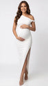 White One-Shoulder Maternity Midi Dress – Milk Silk Bodycon Gown with Side Slit Elegant Photoshoot Dress
