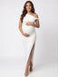 White One-Shoulder Bodycon Maternity Maxi Dress — Side Slit Pregnancy Gown