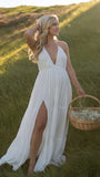 White Plunging V-Neck Tiered Maternity Maxi Dress with High Slit