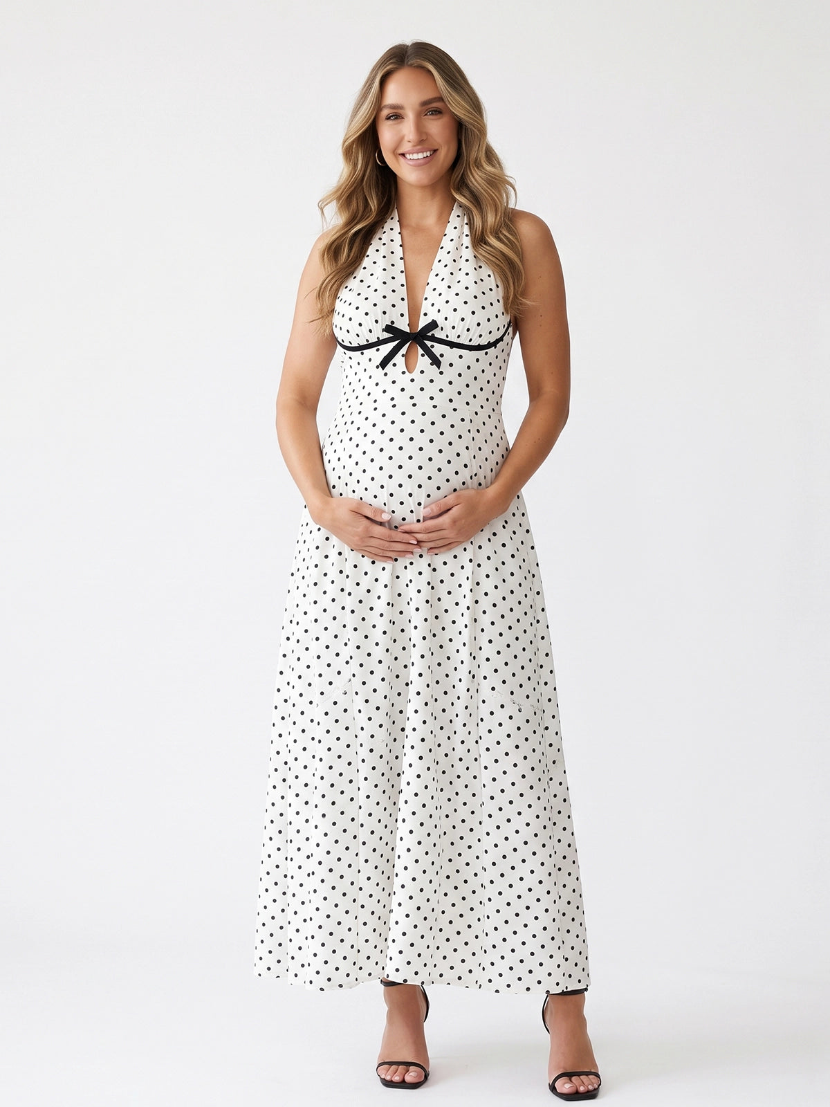 White Polka Dot Halter Maternity Maxi Dress with Bow Detail