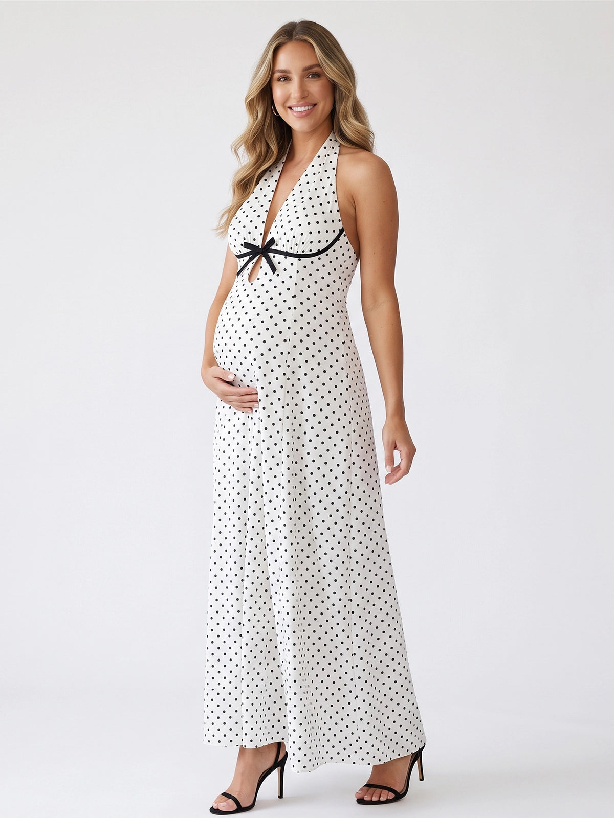 White Polka Dot Halter Maternity Maxi Dress with Bow Detail