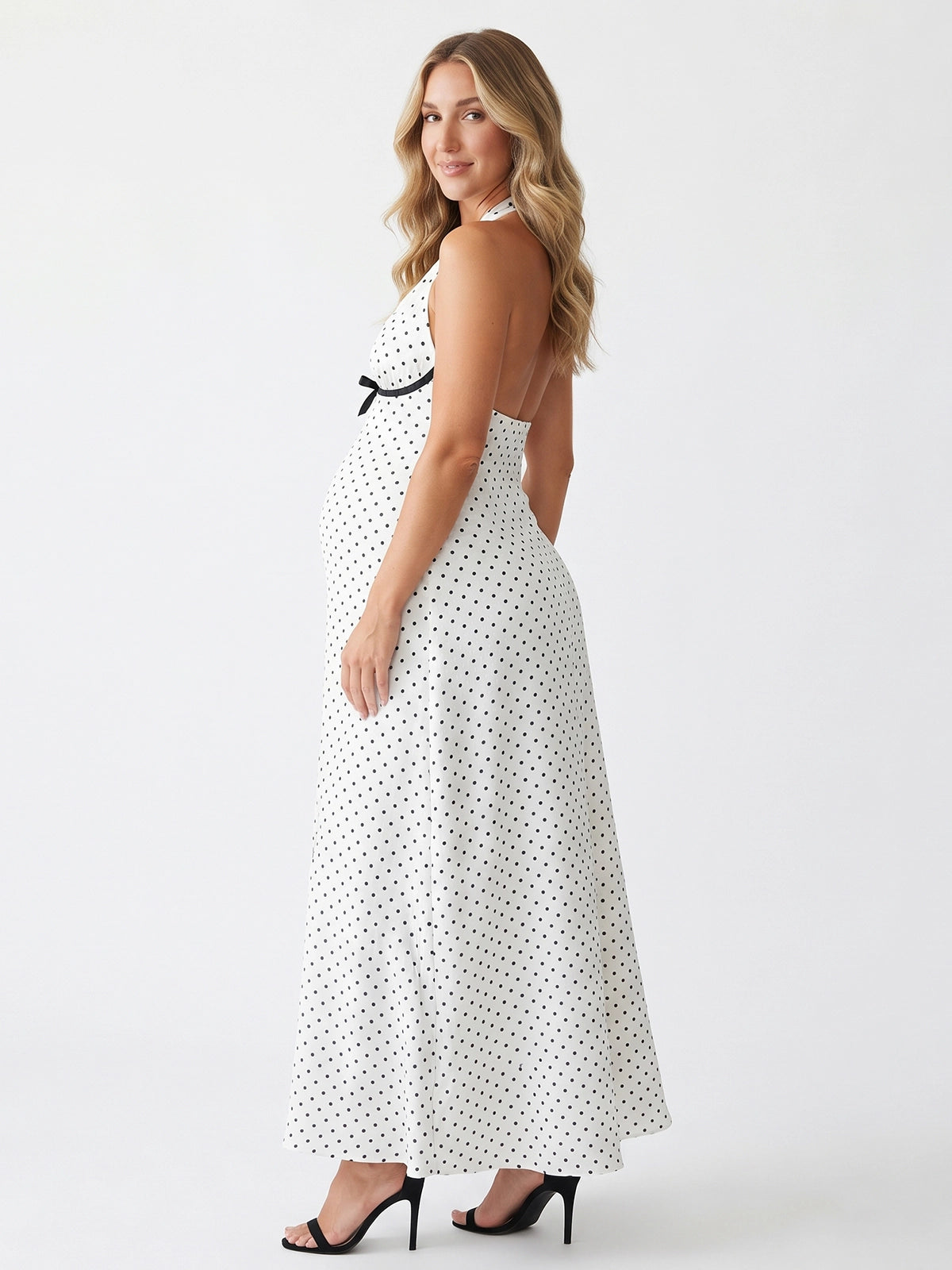 White Polka Dot Halter Maternity Maxi Dress with Bow Detail