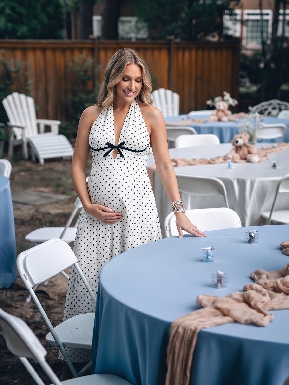 White Polka Dot Halter Maternity Maxi Dress with Bow Detail