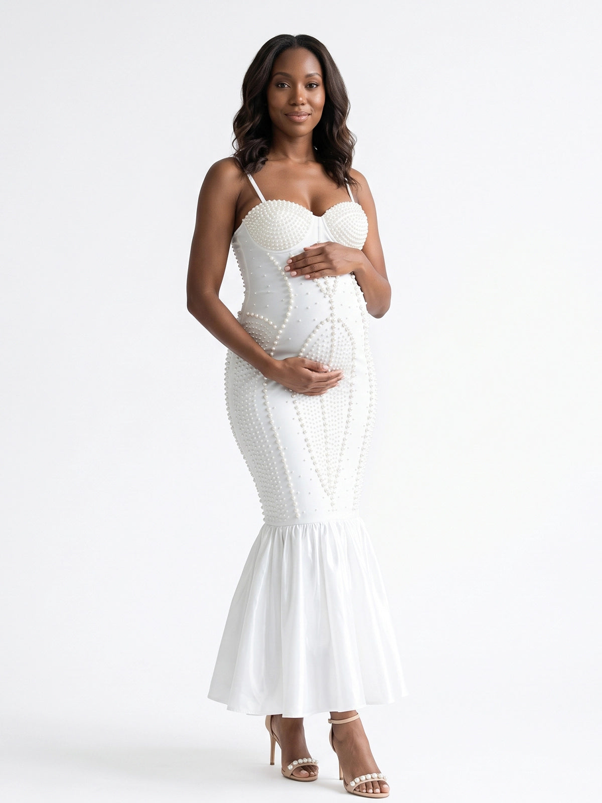 White Rhinestone & Pearl Cami Mermaid Maternity Maxi Dress