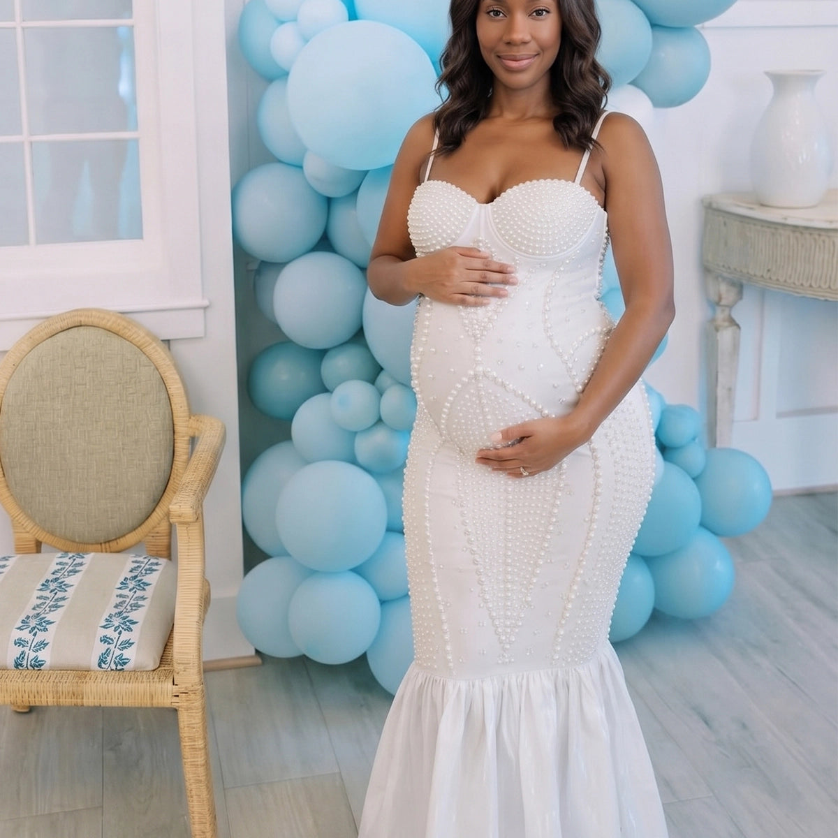 White Rhinestone & Pearl Cami Mermaid Maternity Maxi Dress