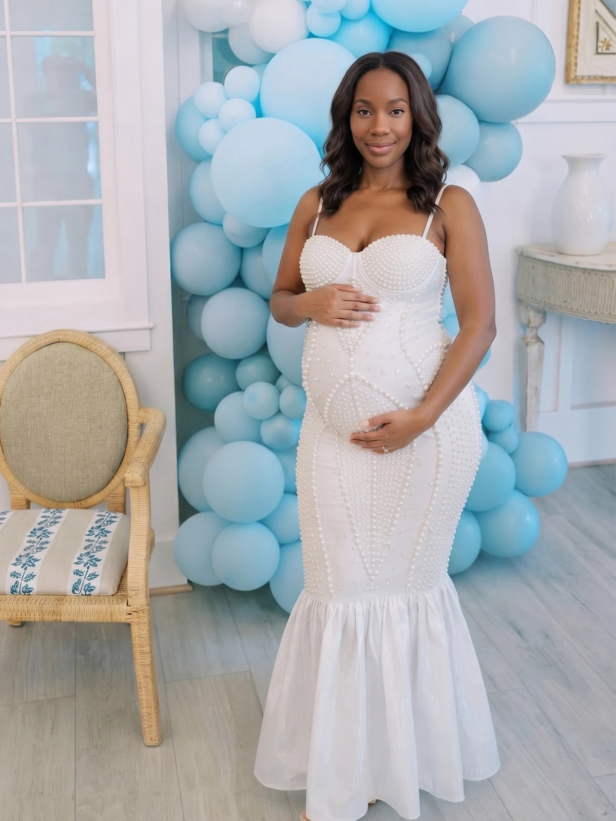White Rhinestone & Pearl Cami Mermaid Maternity Maxi Dress