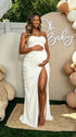 White Strapless Maternity Maxi Dress – Ruched Asymmetrical High Slit Gown with Adjustable Back Tie