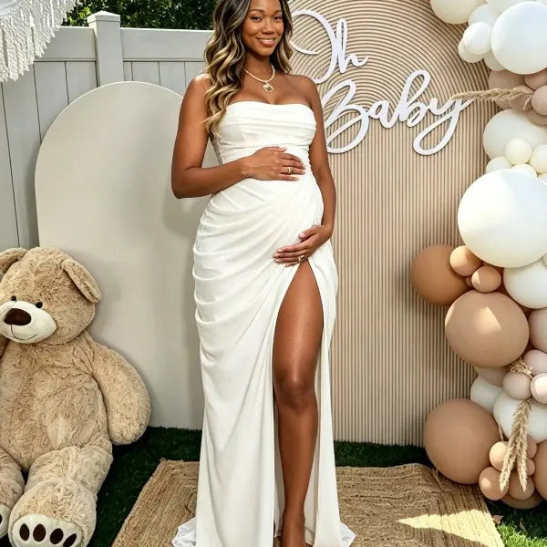 White Strapless Maternity Maxi Dress – Ruched Asymmetrical High Slit Gown with Adjustable Back Tie