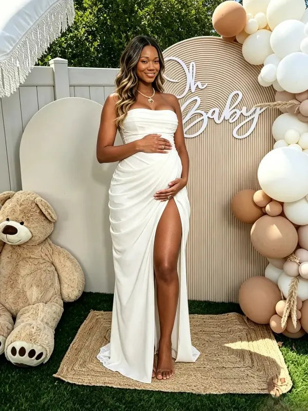White Strapless Maternity Maxi Dress – Ruched Asymmetrical High Slit Gown with Adjustable Back Tie