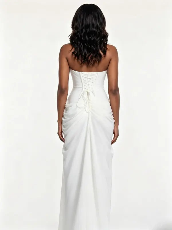White Strapless Maternity Maxi Dress – Ruched Asymmetrical High Slit Gown with Adjustable Back Tie