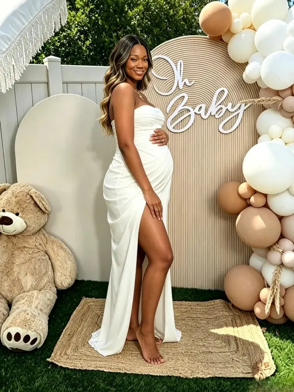 White Strapless Maternity Maxi Dress – Ruched Asymmetrical High Slit Gown with Adjustable Back Tie