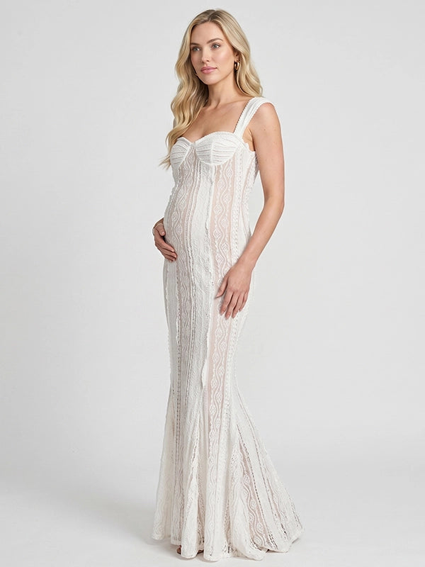 White Vertical Wave Lace Sweetheart Maternity Maxi Gown