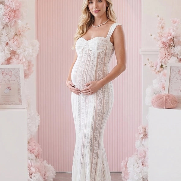 White Vertical Wave Lace Sweetheart Maternity Maxi Gown