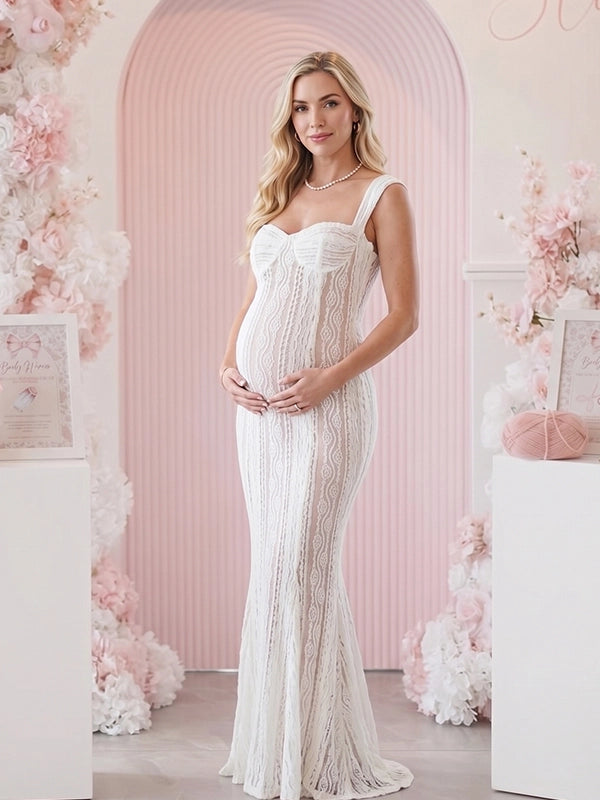 White Vertical Wave Lace Sweetheart Maternity Maxi Gown