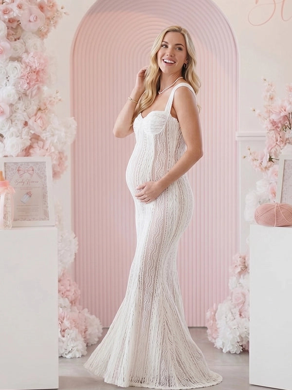 White Vertical Wave Lace Sweetheart Maternity Maxi Gown