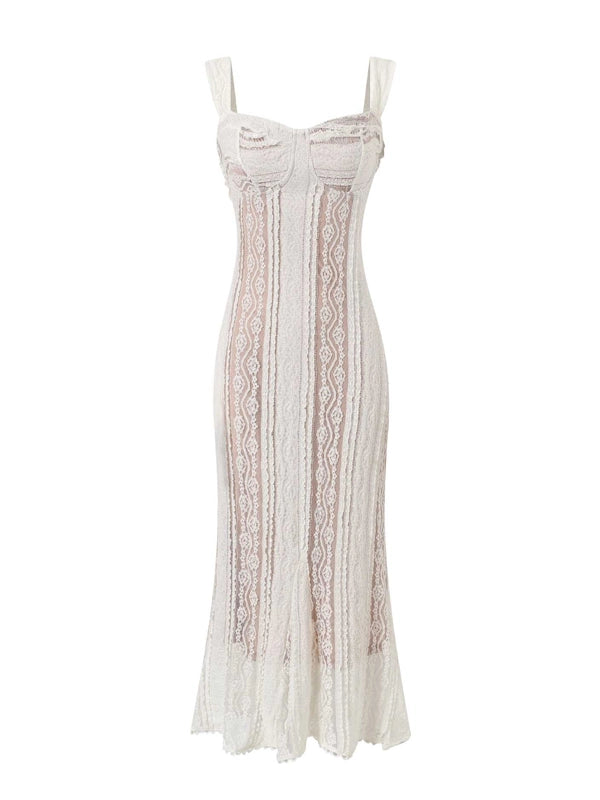 White Vertical Wave Lace Sweetheart Maternity Maxi Gown
