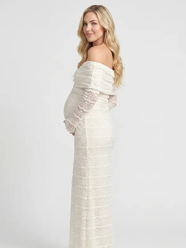 white lace maternity dress off shoulder long sleeve bodycon baby shower photoshoot gown
