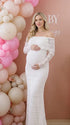 white lace maternity dress off shoulder long sleeve bodycon baby shower photoshoot gown