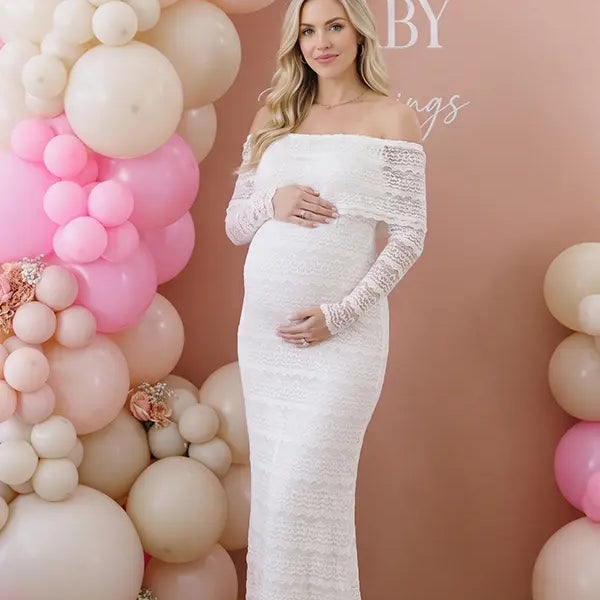 White Lace Off-Shoulder Bodycon Maternity Maxi Dress
