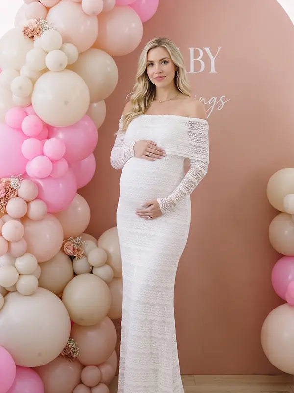 white lace maternity dress off shoulder long sleeve bodycon baby shower photoshoot gown