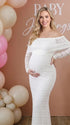 white lace maternity dress off shoulder long sleeve bodycon baby shower photoshoot gown