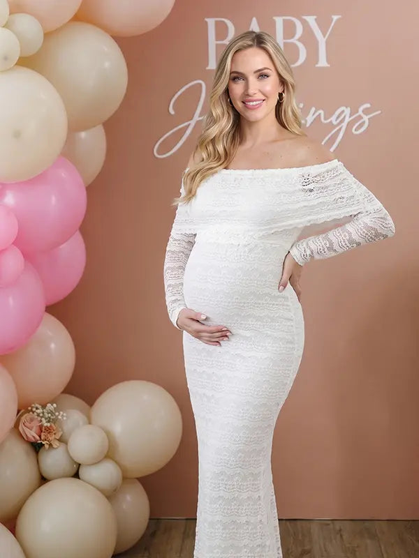 white lace maternity dress off shoulder long sleeve bodycon baby shower photoshoot gown