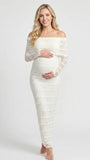 white lace maternity dress off shoulder long sleeve bodycon baby shower photoshoot gown