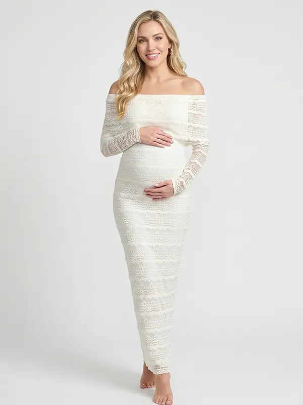 white lace maternity dress off shoulder long sleeve bodycon baby shower photoshoot gown