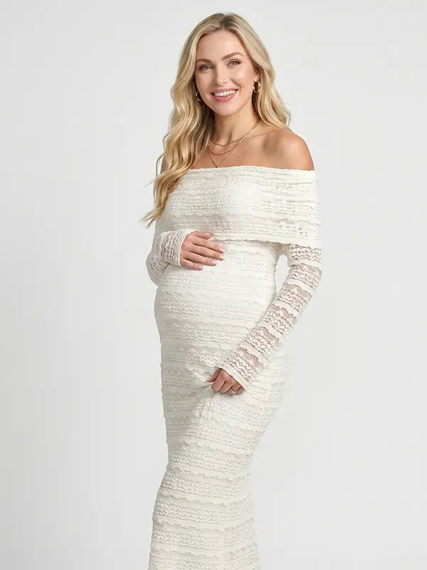 white lace maternity dress off shoulder long sleeve bodycon baby shower photoshoot gown