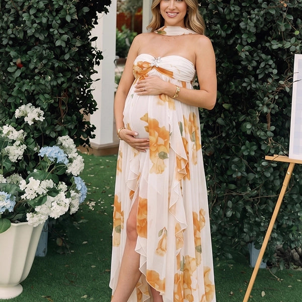 Yellow Floral Choker Neck Ruffled Maternity Maxi Dress