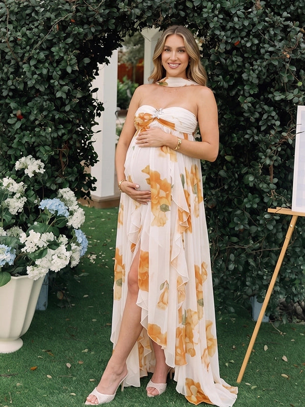 Yellow Floral Choker Neck Ruffled Maternity Maxi Dress