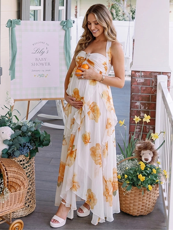 Yellow Floral Choker Neck Ruffled Maternity Maxi Dress