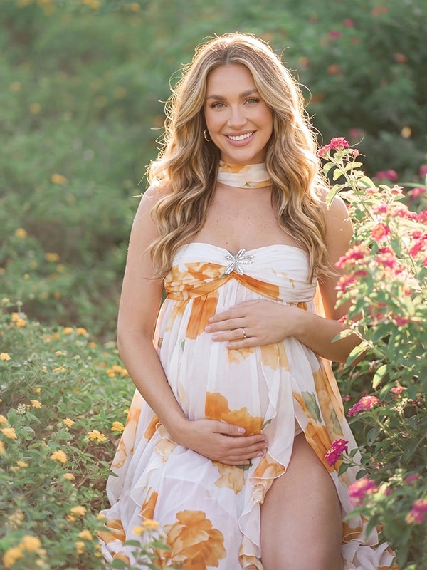 Yellow Floral Choker Neck Ruffled Maternity Maxi Dress