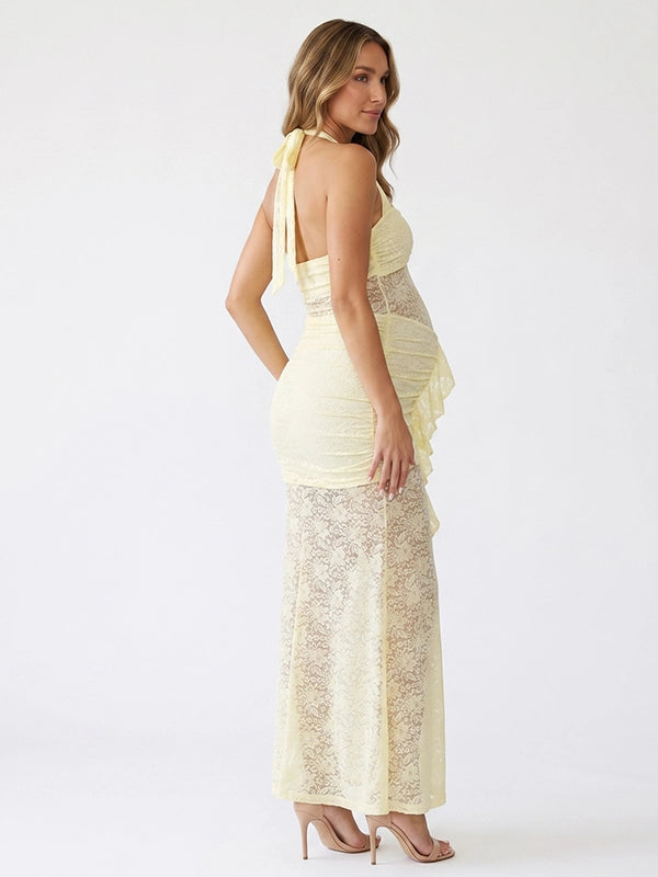 Yellow Lace Halter Ruffle Mermaid Maternity Maxi Gown