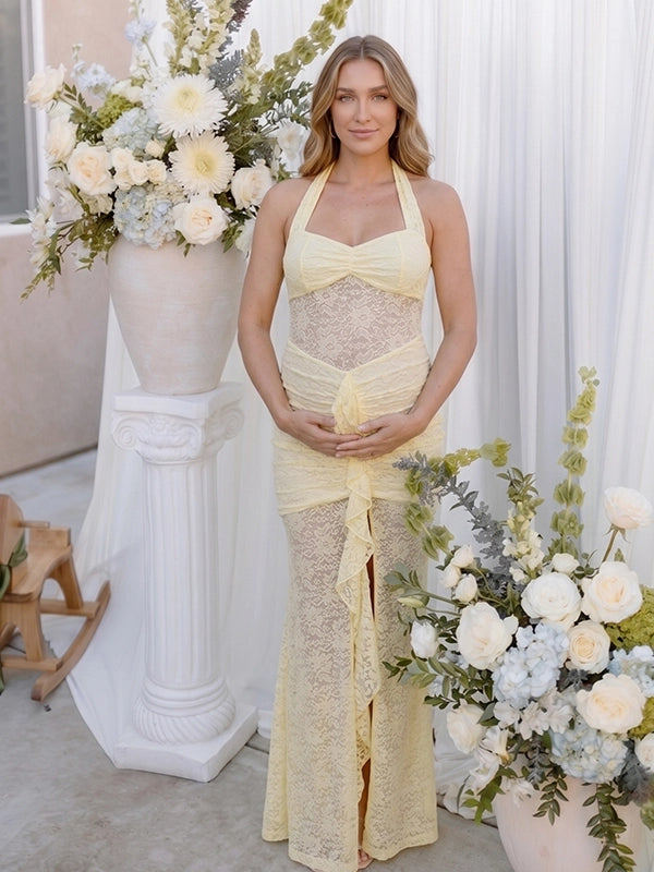 Yellow Lace Halter Ruffle Mermaid Maternity Maxi Gown