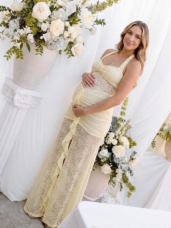Yellow Lace Halter Ruffle Mermaid Maternity Maxi Gown