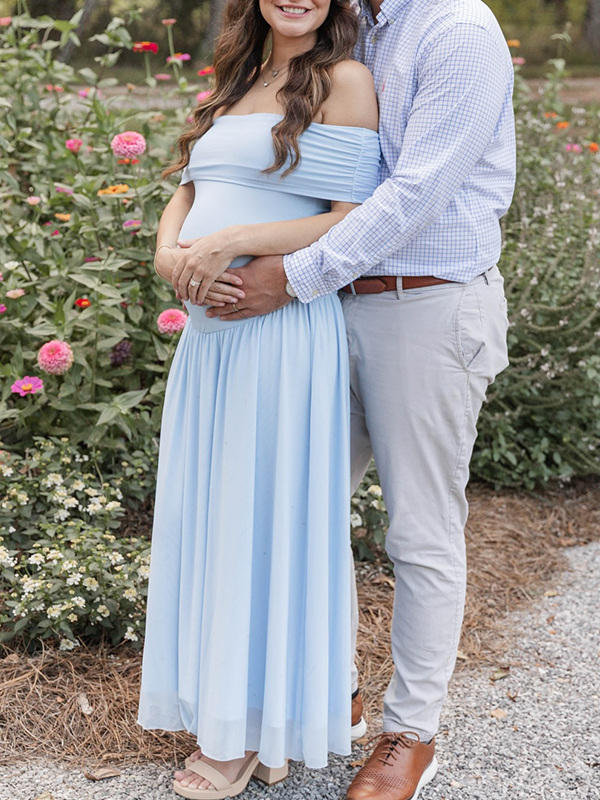 Casualwear-Light Blue Off Shoulder Ruched Maternity Maxi Dress