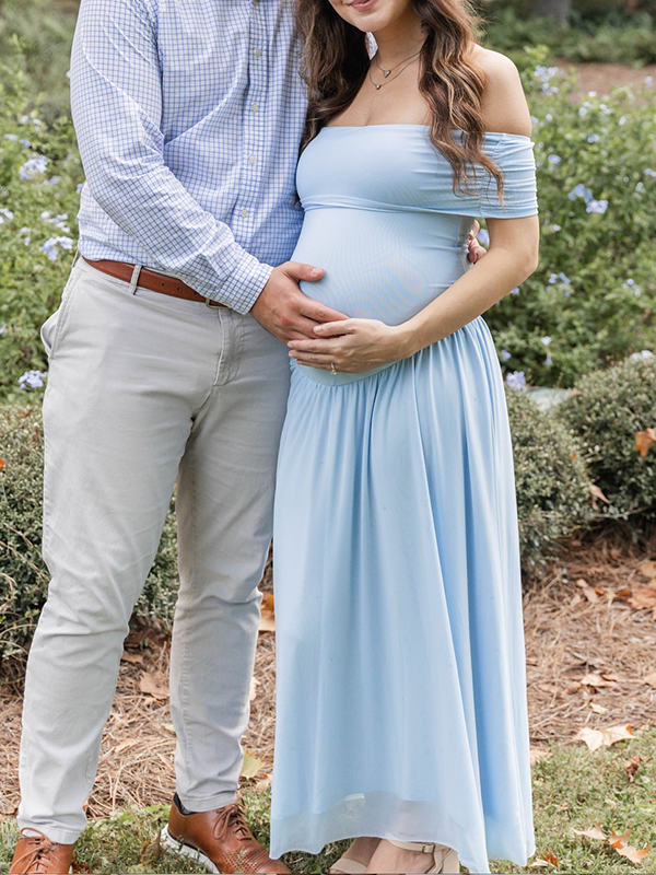 Casualwear-Light Blue Off Shoulder Ruched Maternity Maxi Dress