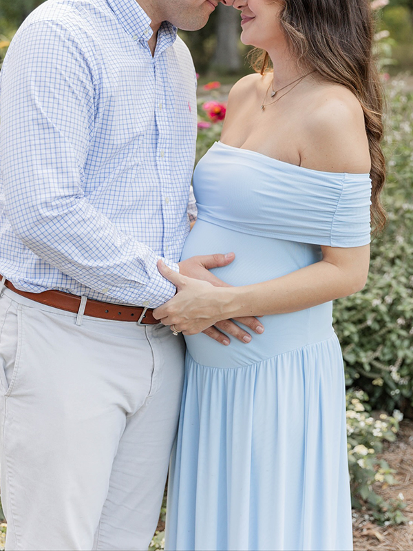 Casualwear-Light Blue Off Shoulder Ruched Maternity Maxi Dress