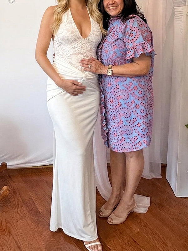 Lace Bodice Halter Maternity Maxi Gown with Knotted Waist Detail