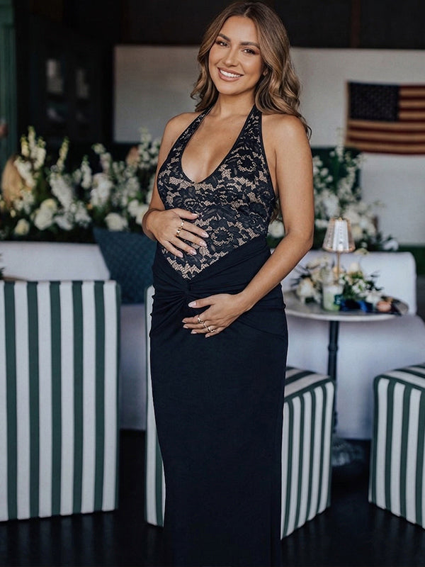 Lace Bodice Halter Maternity Maxi Gown with Knotted Waist Detail