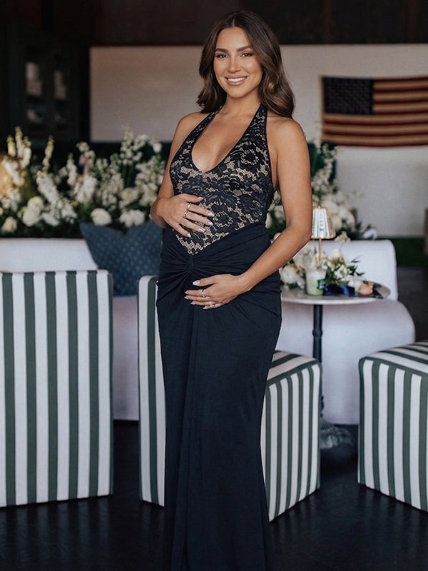 Lace Bodice Halter Maternity Maxi Gown with Knotted Waist Detail