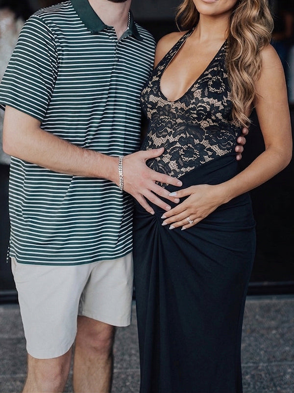 Lace Bodice Halter Maternity Maxi Gown with Knotted Waist Detail