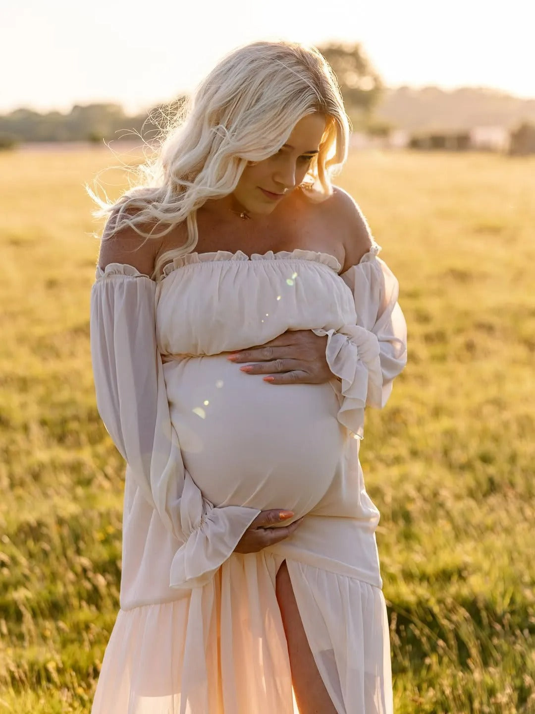 Chic-Puff Sleeve Off Shoulder Maternity Shoot Maxi Dress