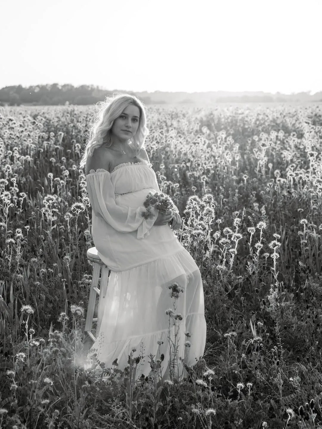 Chic-Puff Sleeve Off Shoulder Maternity Shoot Maxi Dress