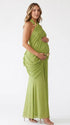 Green Ruched Halter Maternity Dress with Gold Butterfly Detail | Bumplook
