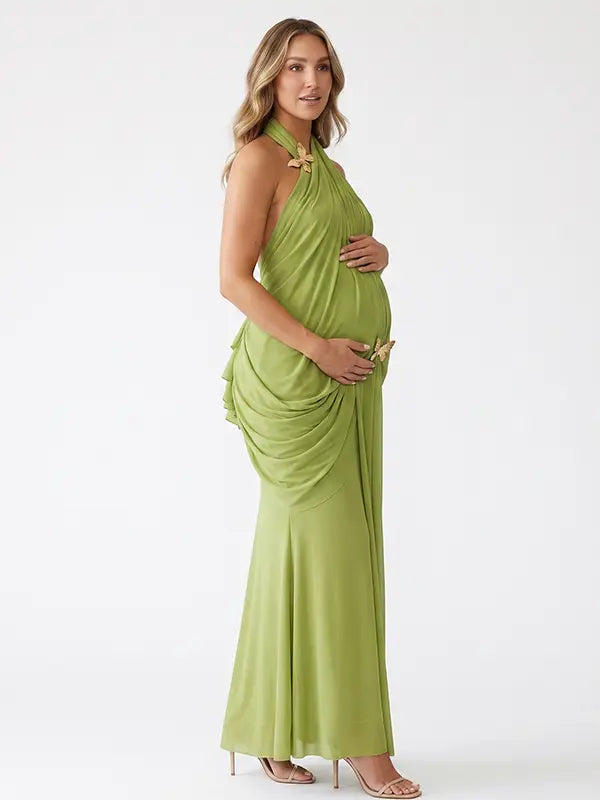 Green Ruched Halter Maternity Dress with Gold Butterfly Detail | Bumplook