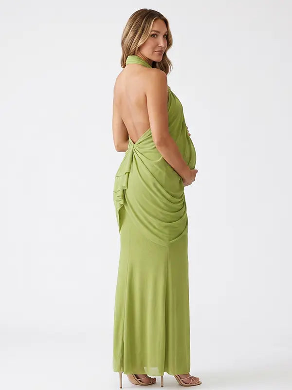 Apple Green Butterfly Halter Maternity Maxi Dress with Ruched Draping | Bumplook