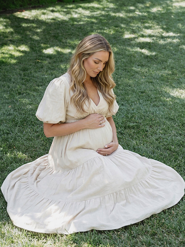 Apricot V-Neck Puff Sleeves Maternity Maxi DressMaternity Maxi Dress